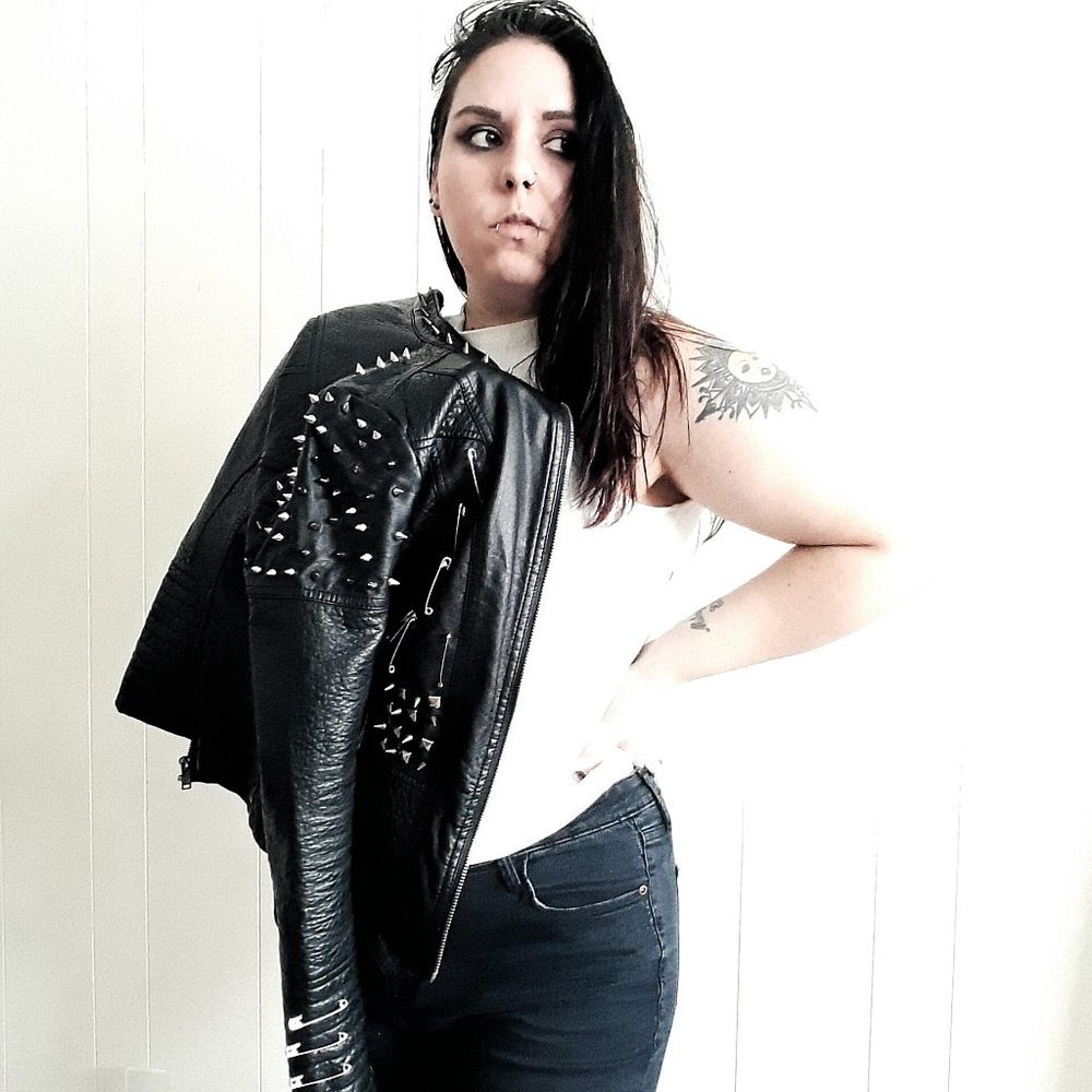 Rose Q punk rock studded faux leather moto jacket